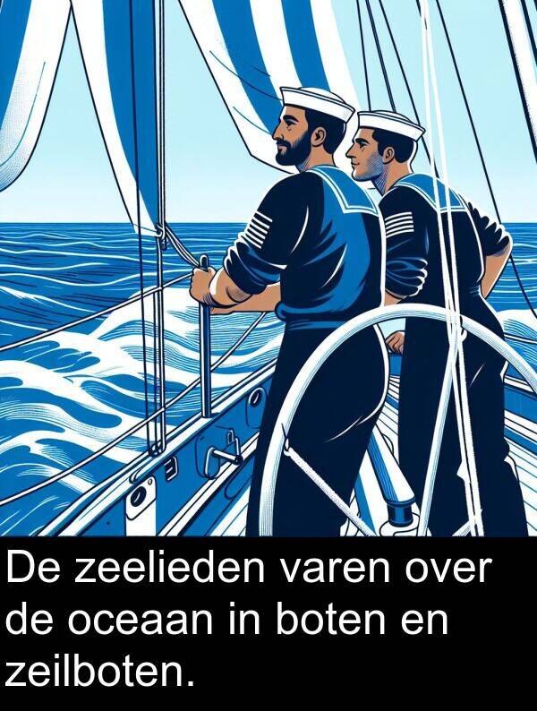 oceaan: De zeelieden varen over de oceaan in boten en zeilboten.