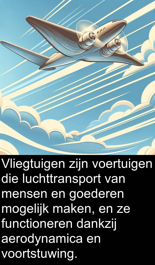 dankzij: Vliegtuigen zijn voertuigen die luchttransport van mensen en goederen mogelijk maken, en ze functioneren dankzij aerodynamica en voortstuwing.