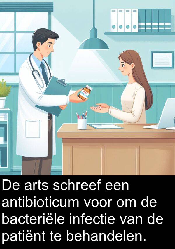 infectie: De arts schreef een antibioticum voor om de bacteriële infectie van de patiënt te behandelen.