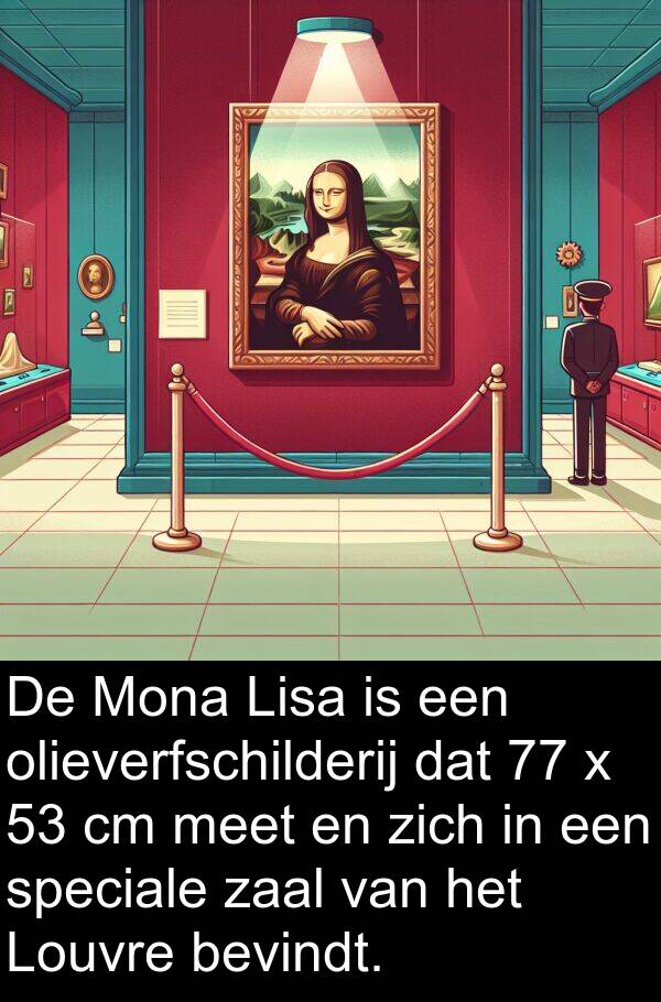 zaal: De Mona Lisa is een olieverfschilderij dat 77 x 53 cm meet en zich in een speciale zaal van het Louvre bevindt.