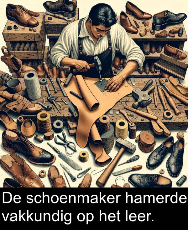 hamerde: De schoenmaker hamerde vakkundig op het leer.