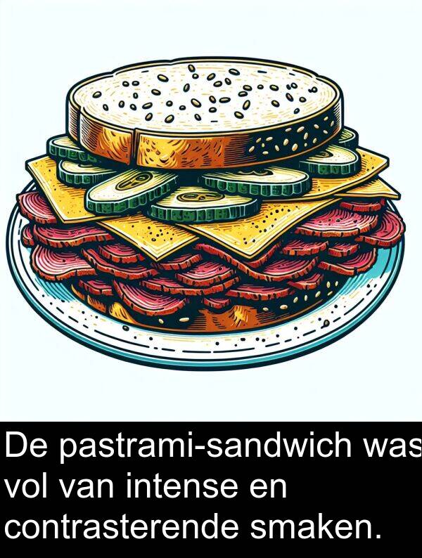 vol: De pastrami-sandwich was vol van intense en contrasterende smaken.