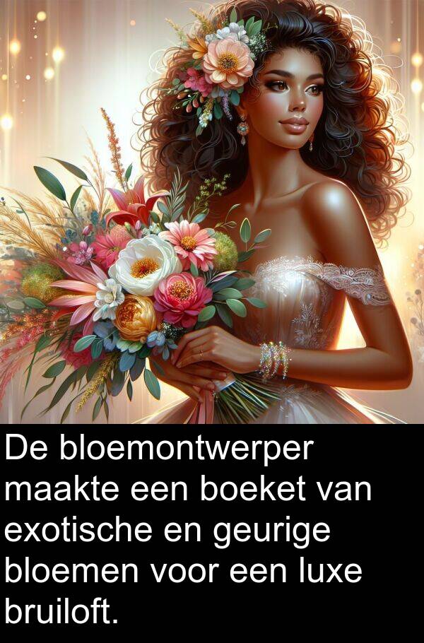 maakte: De bloemontwerper maakte een boeket van exotische en geurige bloemen voor een luxe bruiloft.