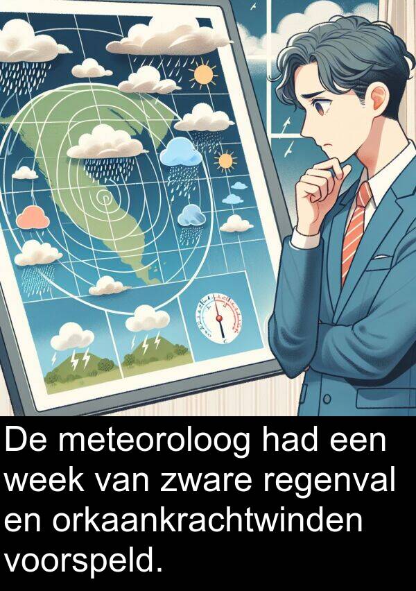 week: De meteoroloog had een week van zware regenval en orkaankrachtwinden voorspeld.