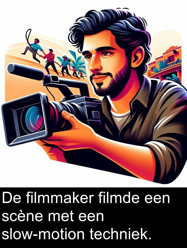 techniek: De filmmaker filmde een scène met een slow-motion techniek.