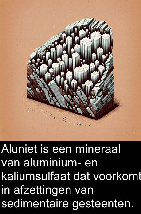 voorkomt: Aluniet is een mineraal van aluminium- en kaliumsulfaat dat voorkomt in afzettingen van sedimentaire gesteenten.