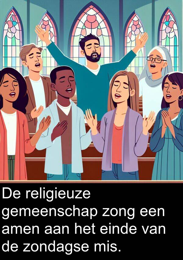 einde: De religieuze gemeenschap zong een amen aan het einde van de zondagse mis.