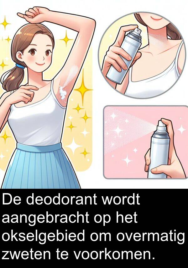 deodorant: De deodorant wordt aangebracht op het okselgebied om overmatig zweten te voorkomen.