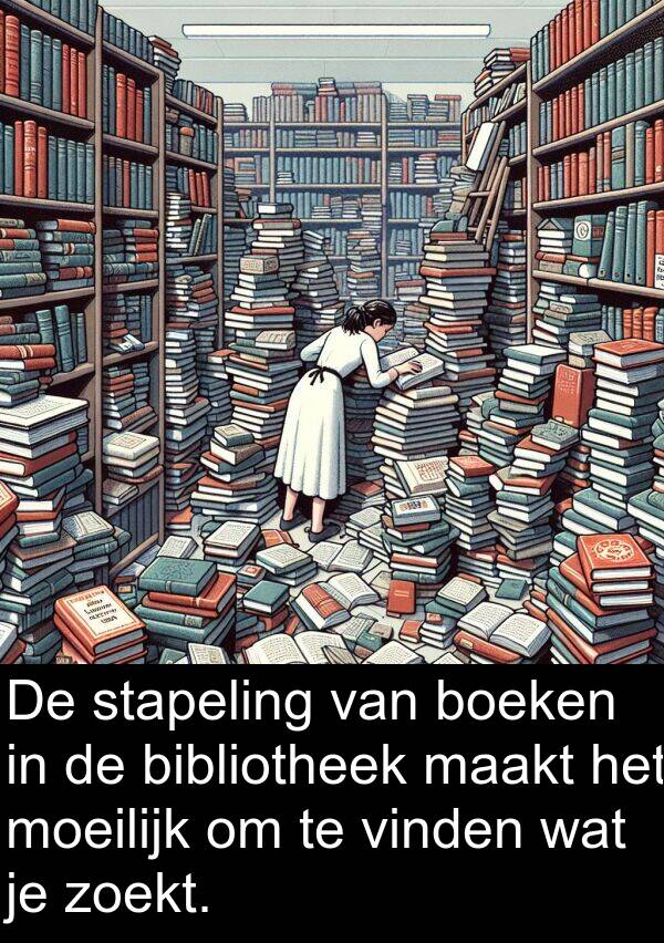 maakt: De stapeling van boeken in de bibliotheek maakt het moeilijk om te vinden wat je zoekt.