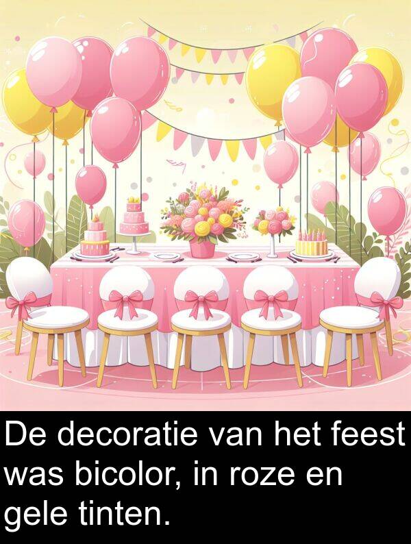 feest: De decoratie van het feest was bicolor, in roze en gele tinten.