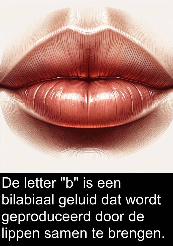 samen: De letter "b" is een bilabiaal geluid dat wordt geproduceerd door de lippen samen te brengen.