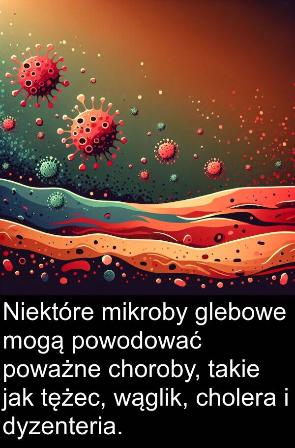 glebowe: Niektóre mikroby glebowe mogą powodować poważne choroby, takie jak tężec, wąglik, cholera i dyzenteria.