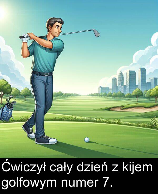 cały: Ćwiczył cały dzień z kijem golfowym numer 7.