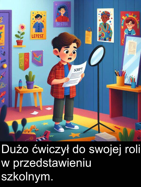 ćwiczył: Dużo ćwiczył do swojej roli w przedstawieniu szkolnym.