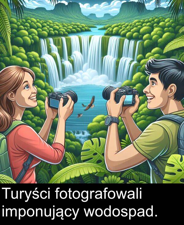 imponujący: Turyści fotografowali imponujący wodospad.