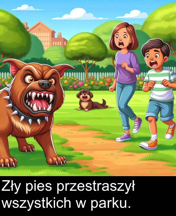 pies: Zły pies przestraszył wszystkich w parku.