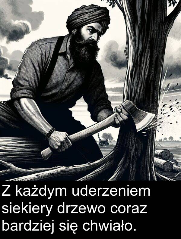 każdym: Z każdym uderzeniem siekiery drzewo coraz bardziej się chwiało.