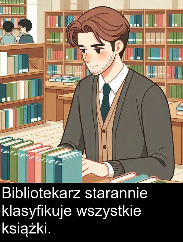 klasyfikuje: Bibliotekarz starannie klasyfikuje wszystkie książki.