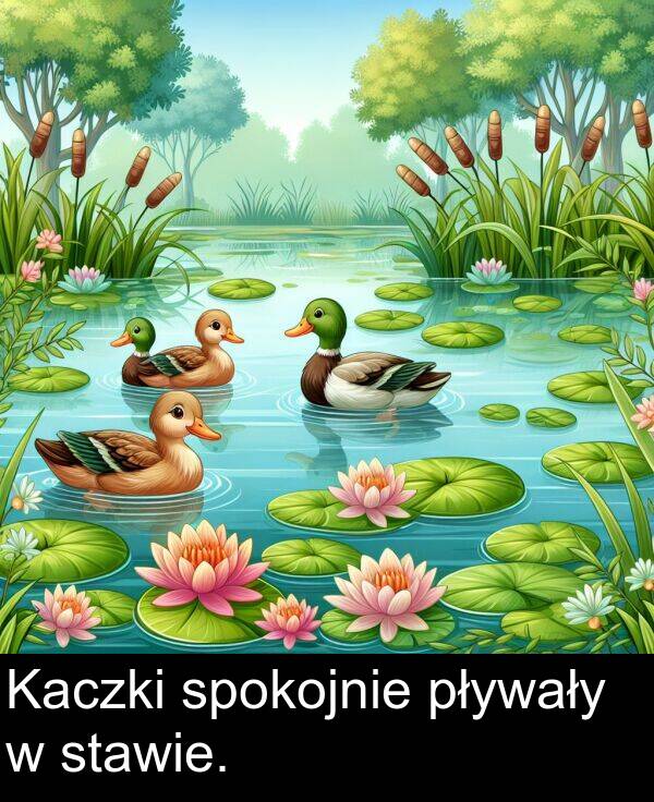 spokojnie: Kaczki spokojnie pływały w stawie.