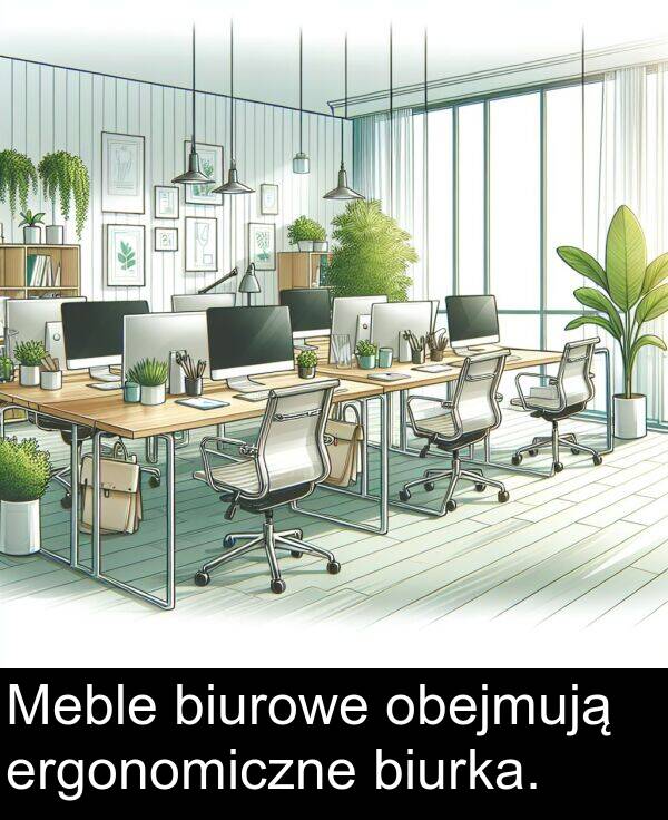 biurka: Meble biurowe obejmują ergonomiczne biurka.