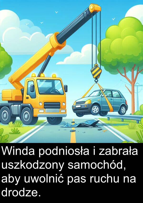 zabrała: Winda podniosła i zabrała uszkodzony samochód, aby uwolnić pas ruchu na drodze.