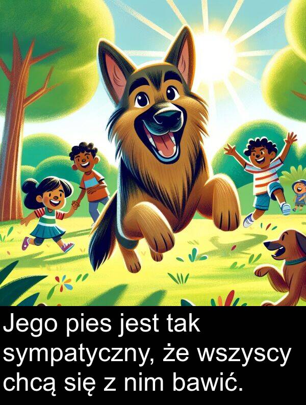 chcą: Jego pies jest tak sympatyczny, że wszyscy chcą się z nim bawić.