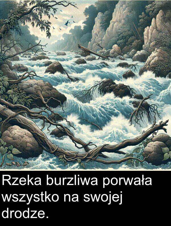 drodze: Rzeka burzliwa porwała wszystko na swojej drodze.