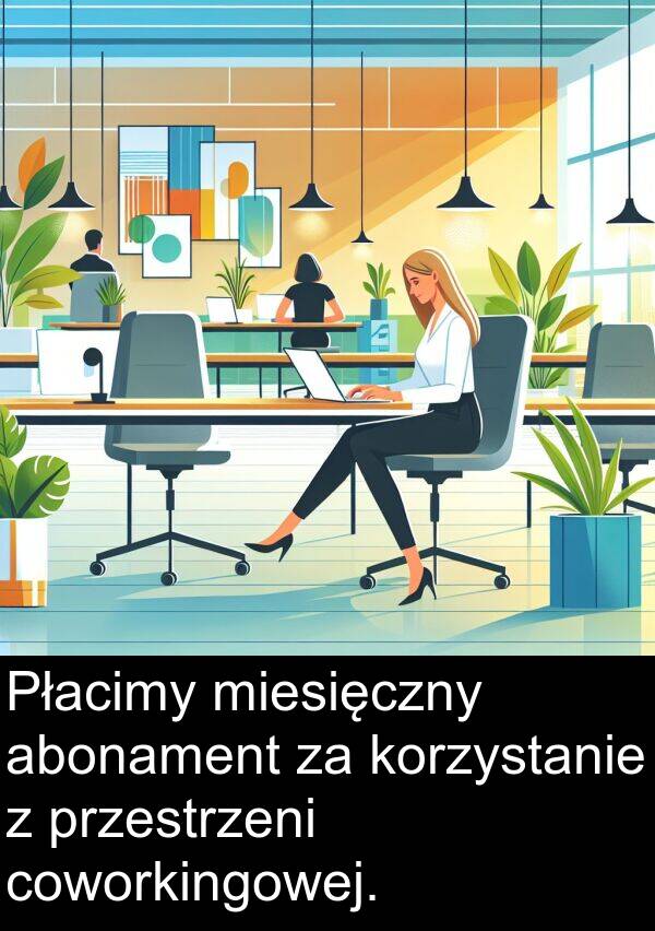 korzystanie: Płacimy miesięczny abonament za korzystanie z przestrzeni coworkingowej.