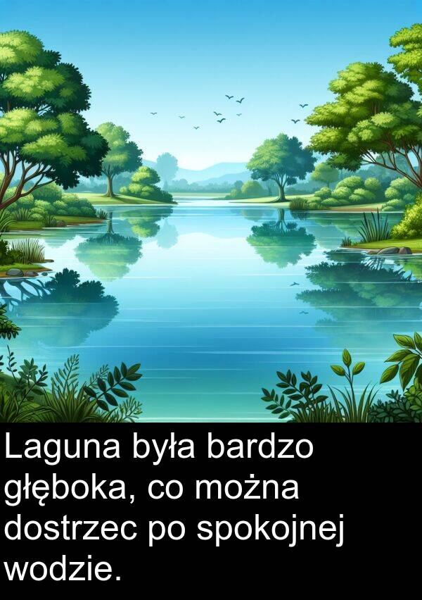 głęboka: Laguna była bardzo głęboka, co można dostrzec po spokojnej wodzie.