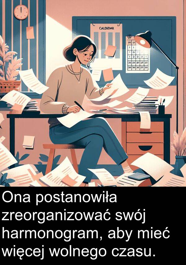 czasu: Ona postanowiła zreorganizować swój harmonogram, aby mieć więcej wolnego czasu.