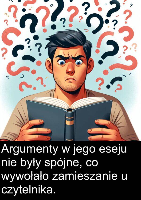 eseju: Argumenty w jego eseju nie były spójne, co wywołało zamieszanie u czytelnika.