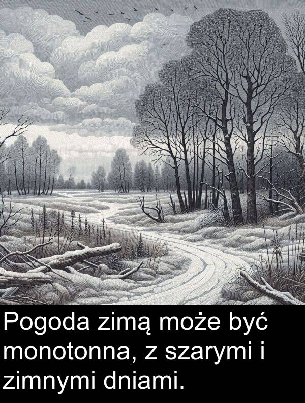 może: Pogoda zimą może być monotonna, z szarymi i zimnymi dniami.