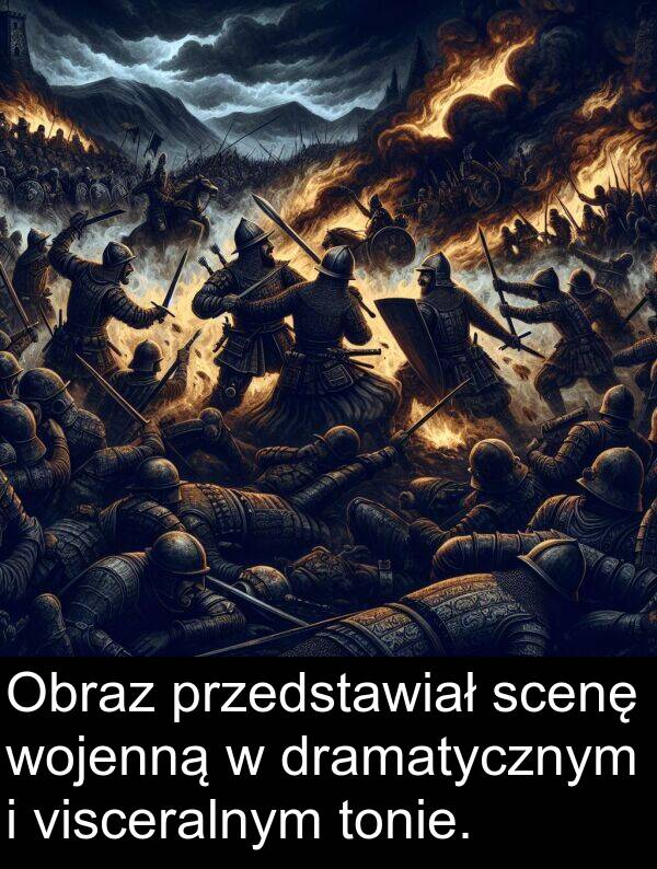 scenę: Obraz przedstawiał scenę wojenną w dramatycznym i visceralnym tonie.