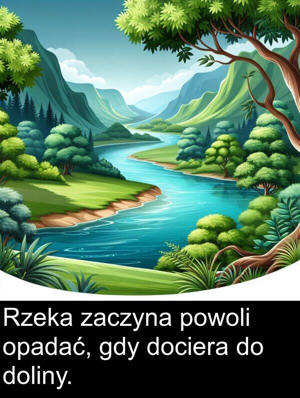 gdy: Rzeka zaczyna powoli opadać, gdy dociera do doliny.