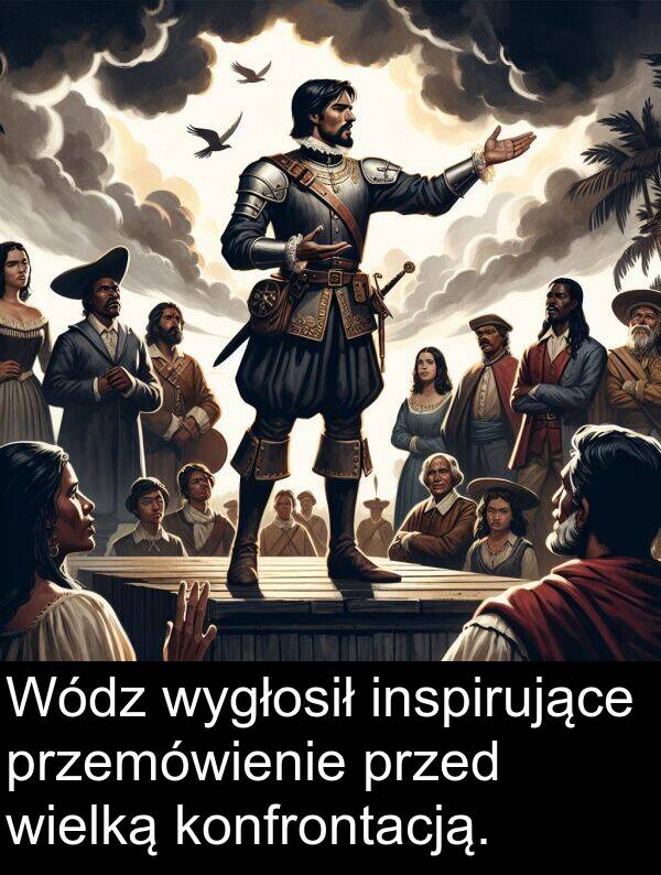 przemówienie: Wódz wygłosił inspirujące przemówienie przed wielką konfrontacją.