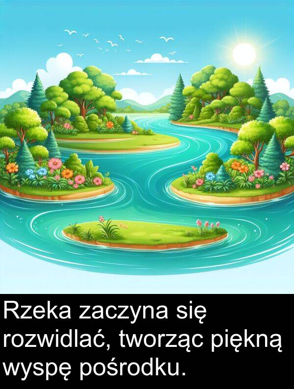 pośrodku: Rzeka zaczyna się rozwidlać, tworząc piękną wyspę pośrodku.