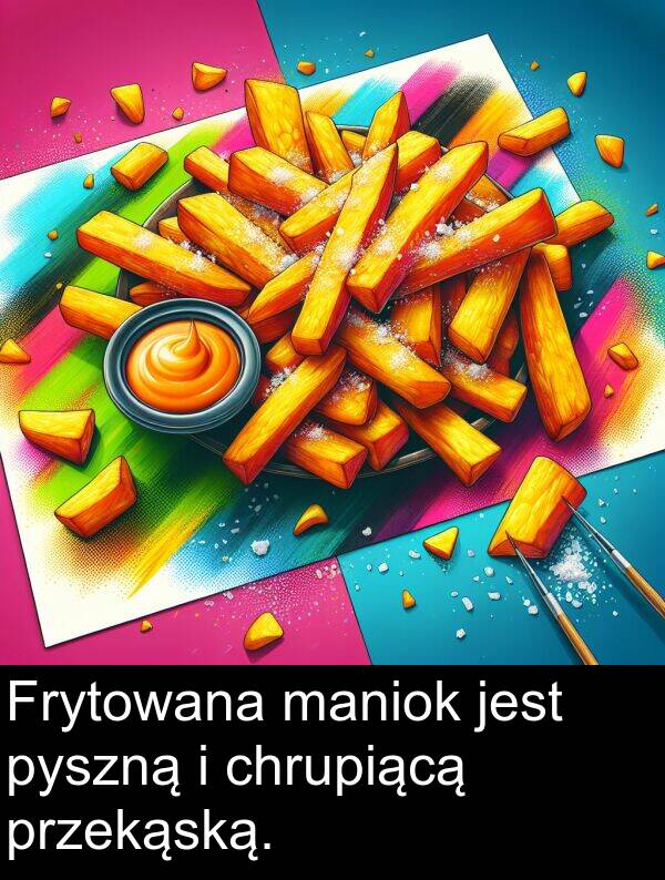 przekąską: Frytowana maniok jest pyszną i chrupiącą przekąską.