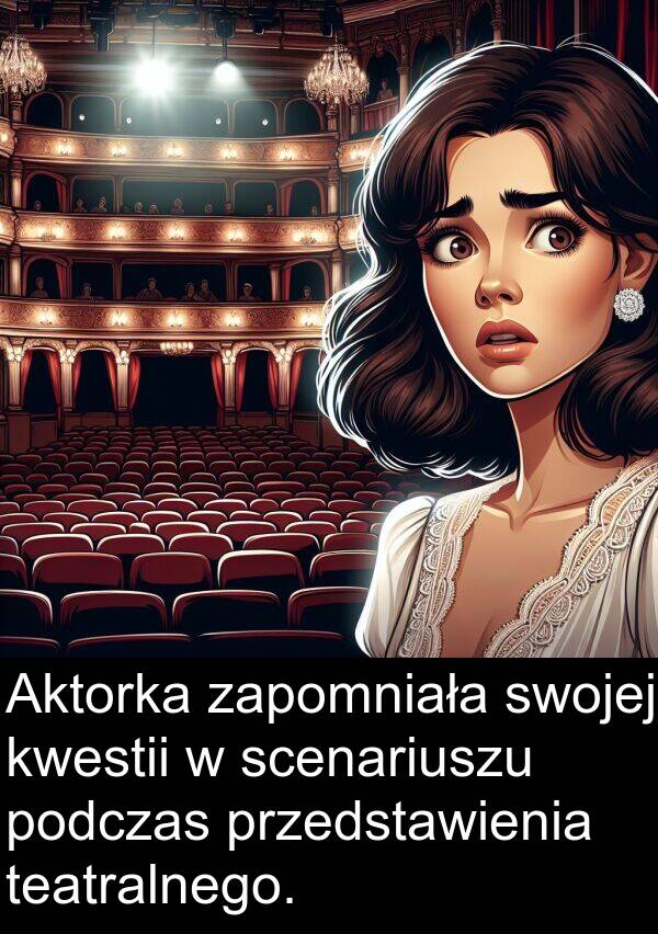 kwestii: Aktorka zapomniała swojej kwestii w scenariuszu podczas przedstawienia teatralnego.