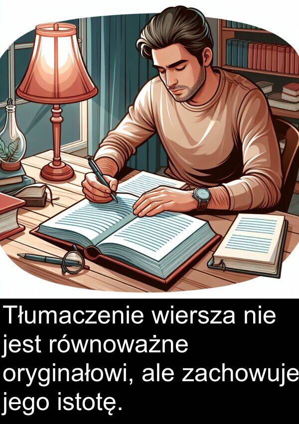 zachowuje: Tłumaczenie wiersza nie jest równoważne oryginałowi, ale zachowuje jego istotę.