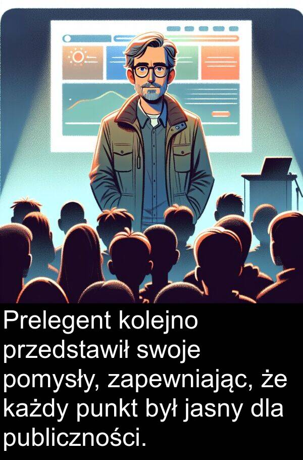 jasny: Prelegent kolejno przedstawił swoje pomysły, zapewniając, że każdy punkt był jasny dla publiczności.