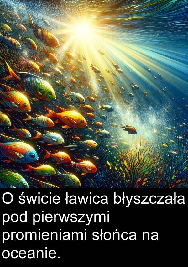 słońca: O świcie ławica błyszczała pod pierwszymi promieniami słońca na oceanie.