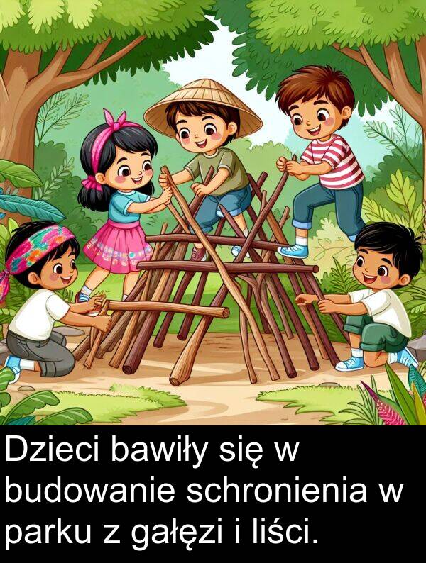 gałęzi: Dzieci bawiły się w budowanie schronienia w parku z gałęzi i liści.