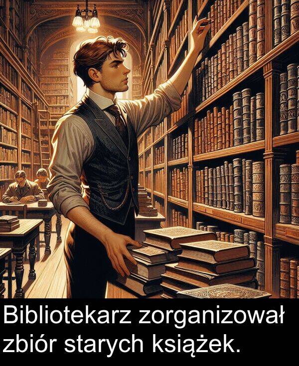 zbiór: Bibliotekarz zorganizował zbiór starych książek.