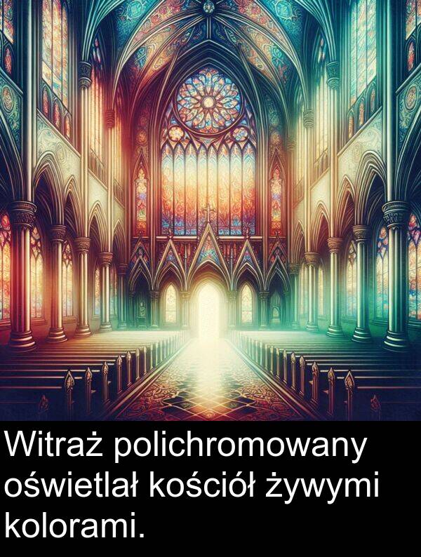 kościół: Witraż polichromowany oświetlał kościół żywymi kolorami.