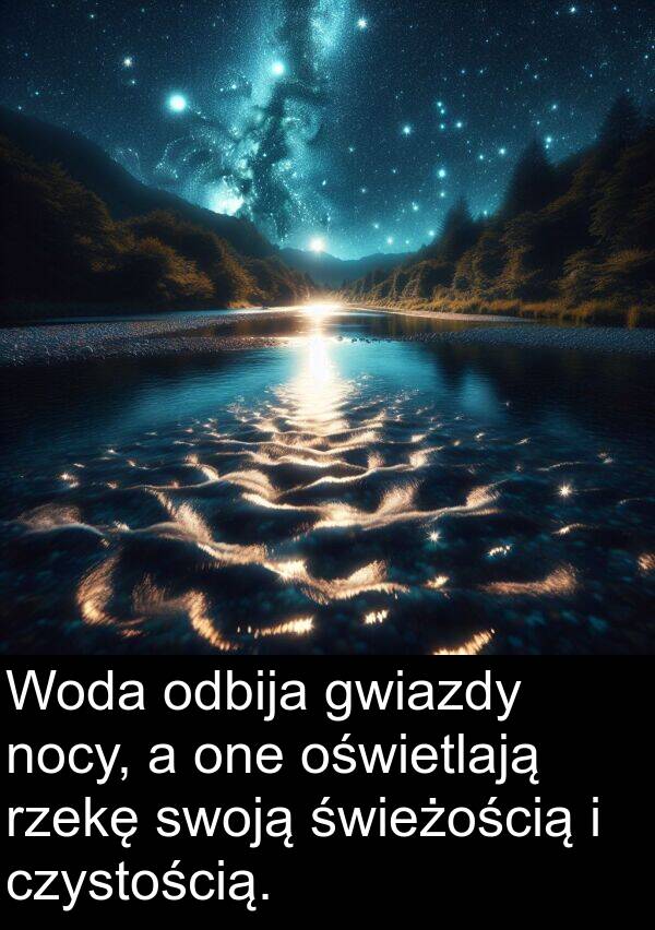 odbija: Woda odbija gwiazdy nocy, a one oświetlają rzekę swoją świeżością i czystością.