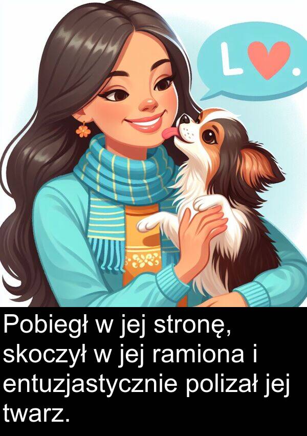 entuzjastycznie: Pobiegł w jej stronę, skoczył w jej ramiona i entuzjastycznie polizał jej twarz.