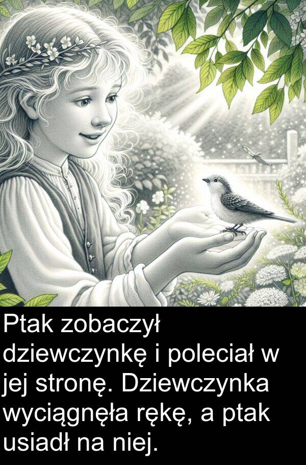 dziewczynkę: Ptak zobaczył dziewczynkę i poleciał w jej stronę. Dziewczynka wyciągnęła rękę, a ptak usiadł na niej.