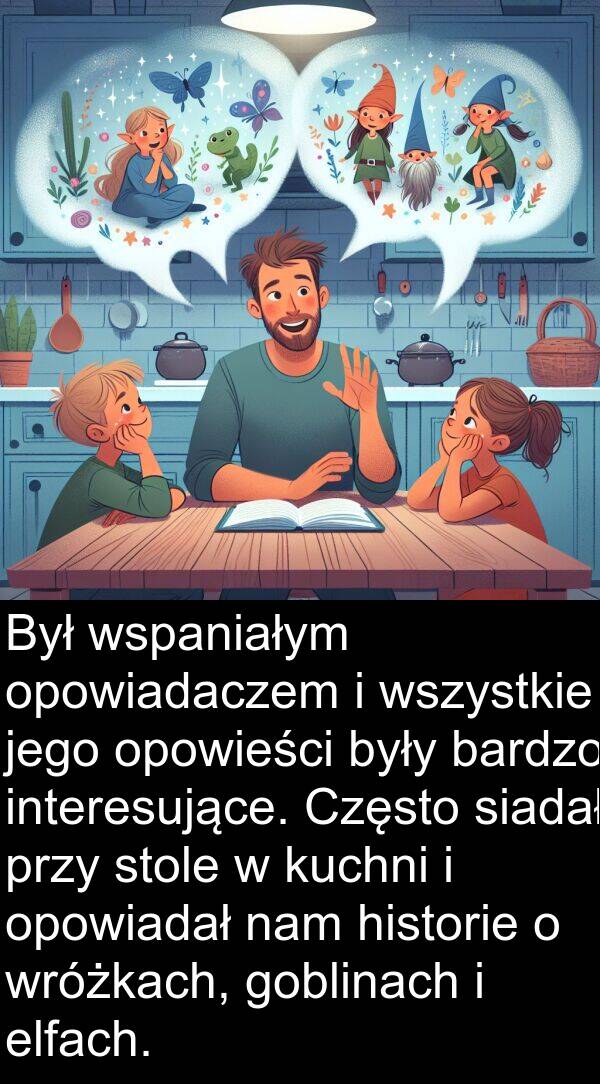 historie: Był wspaniałym opowiadaczem i wszystkie jego opowieści były bardzo interesujące. Często siadał przy stole w kuchni i opowiadał nam historie o wróżkach, goblinach i elfach.