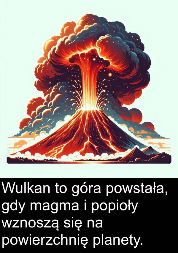 magma: Wulkan to góra powstała, gdy magma i popioły wznoszą się na powierzchnię planety.