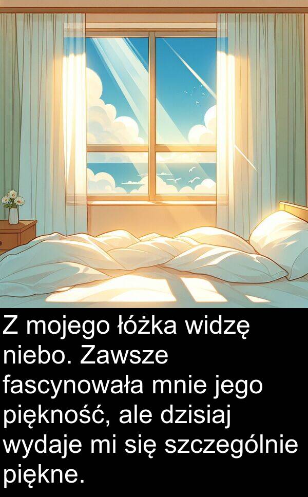 łóżka: Z mojego łóżka widzę niebo. Zawsze fascynowała mnie jego piękność, ale dzisiaj wydaje mi się szczególnie piękne.